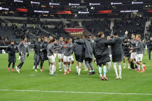 23 01 2025, xovx, Football UEFA Europa League, Eintracht Frankfurt Ferencvaros Budapest emspor, v l jubilation, joy about the victory at Frankfurt DFL DFB REGULATIONS PROHIBIT ANY USE OF PHOTOGRAPHS as IMAGE SEQUENCES and or QUASI VIDEO Frankfurt am Main