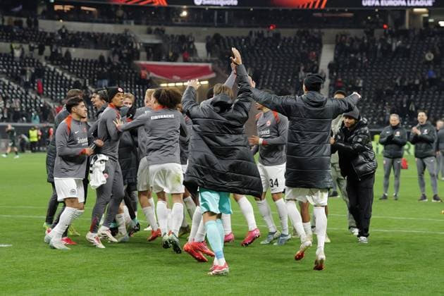 23 01 2025, xovx, Football UEFA Europa League, Eintracht Frankfurt Ferencvaros Budapest emspor, v l jubilation, joy about the victory at Frankfurt DFL DFB REGULATIONS PROHIBIT ANY USE OF PHOTOGRAPHS as IMAGE SEQUENCES and or QUASI VIDEO Frankfurt am Main