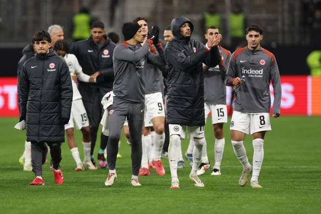 23 01 2025, xovx, Football UEFA Europa League, Eintracht Frankfurt Ferencvaros Budapest emspor, v l jubilation, joy about the victory at Frankfurt DFL DFB REGULATIONS PROHIBIT ANY USE OF PHOTOGRAPHS as IMAGE SEQUENCES and or QUASI VIDEO Frankfurt am Main