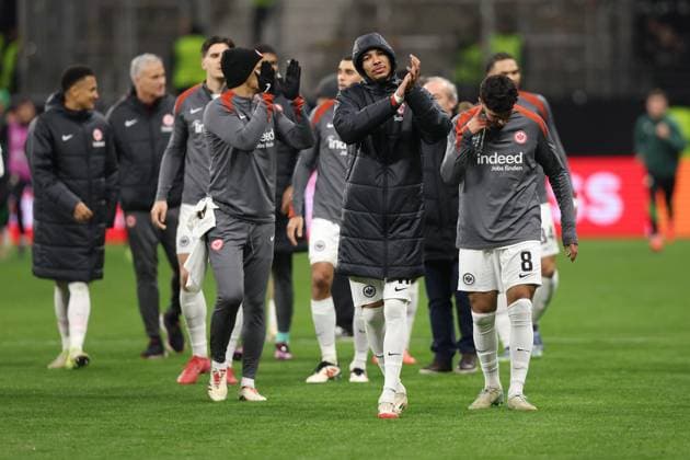 23 01 2025, xovx, Football UEFA Europa League, Eintracht Frankfurt Ferencvaros Budapest emspor, v l jubilation, joy about the victory at Frankfurt DFL DFB REGULATIONS PROHIBIT ANY USE OF PHOTOGRAPHS as IMAGE SEQUENCES and or QUASI VIDEO Frankfurt am Main