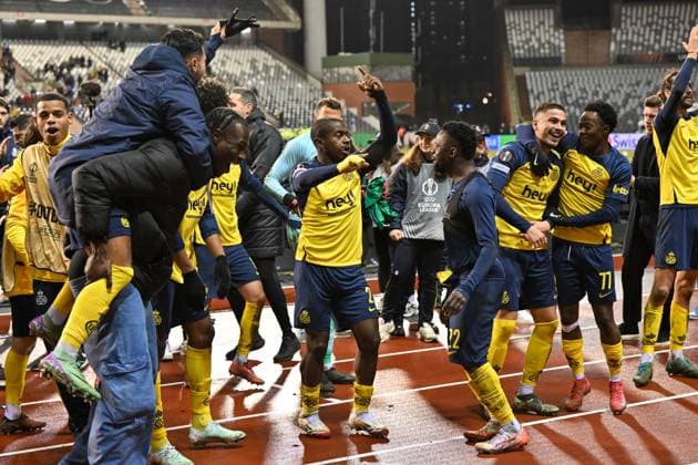 250123 Royale Union Saint-Gilloise vs SC Braga players of Union celebrate after winning the league phase - matchday 7 game in the Uefa Europa League season 2024-2025 between Royale Union Saint-Gilloise and SC Braga from Portugal on January 23 , 2025 in Brussel, Belgium. (Photo by David Catry Isosport) Brussel Belgium  Copyright: xDavidxCatryx 20250123DC1_3345