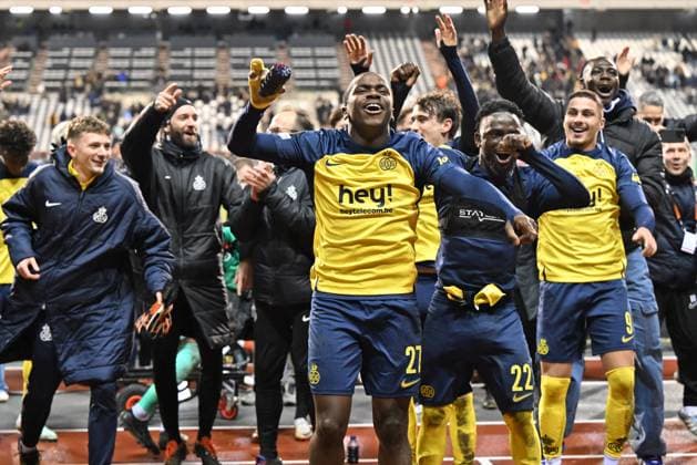 250123 Royale Union Saint-Gilloise vs SC Braga players of Union with Noah Sadiki (27) of Union celebrate after winning the league phase - matchday 7 game in the Uefa Europa League season 2024-2025 between Royale Union Saint-Gilloise and SC Braga from Portugal on January 23 , 2025 in Brussel, Belgium. (Photo by David Catry Isosport) Brussel Belgium  Copyright: xDavidxCatryx 20250123DC1_3480