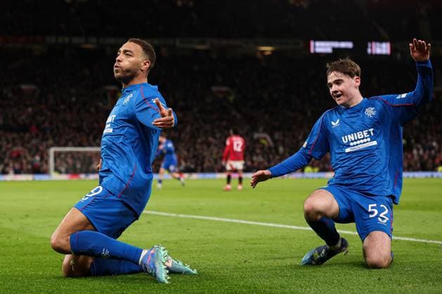 Cyriel Dessers of Rangers celebrates scoring a goal for their side to make it 1-1 Manchester United, ManU v Rangers, UEFA Europa League, Group Stage, Football, Old Trafford, Manchester, UK - 23 Jan 2025 EDITORIAL USE ONLY No use with unauthorised audio, video, data, fixture lists, club league logos or live services. Online in-match use limited to 120 images, no video emulation. No use in betting, games or single club league player publications. Copyright: xPaulxCurrie Shutterstockx 15108899hb