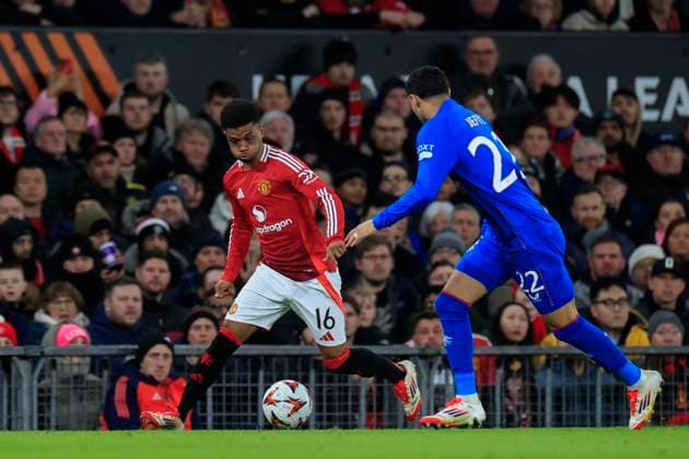 Manchester United, ManU v Rangers Europa League 23 01 2025. Amad Diallo (16) of Manchester United is tracked by Jefte (22) of Rangers during the Europa League match between Manchester United and Rangers at Old Trafford, Manchester, England on 23 January 2025. Manchester Old Trafford Greater Manchester England Editorial use only , Copyright: xConorxMolloyx PSI-21295-0065