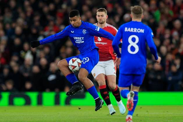 Manchester United, ManU v Rangers Europa League 23 01 2025. Hamza Igamane (29) of Rangers controls the ball during the Europa League match between Manchester United and Rangers at Old Trafford, Manchester, England on 23 January 2025. Manchester Old Trafford Greater Manchester England Editorial use only , Copyright: xConorxMolloyx PSI-21295-0075
