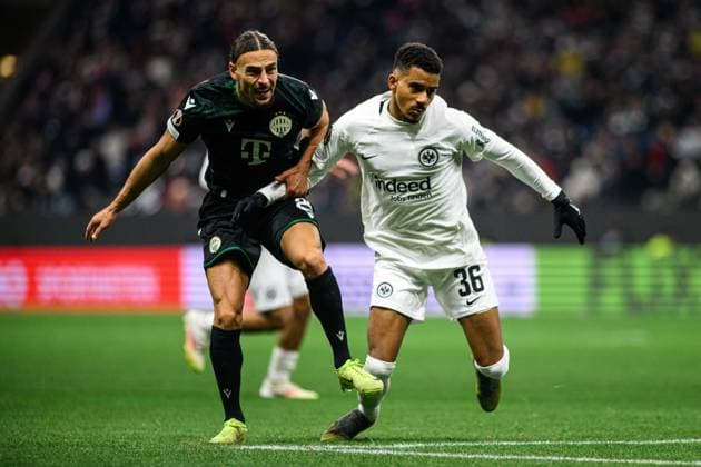 FRANKFURT, GERMANY - 23 JANUARY, 2025: Cebrails Makreckis, Ansgar Knauff - The UEFA Europa League football match between SG Eintracht Frankfurt and Ferencvarosi TC at Frankfurt Stadion.  Copyright: xVitaliixKliuievx