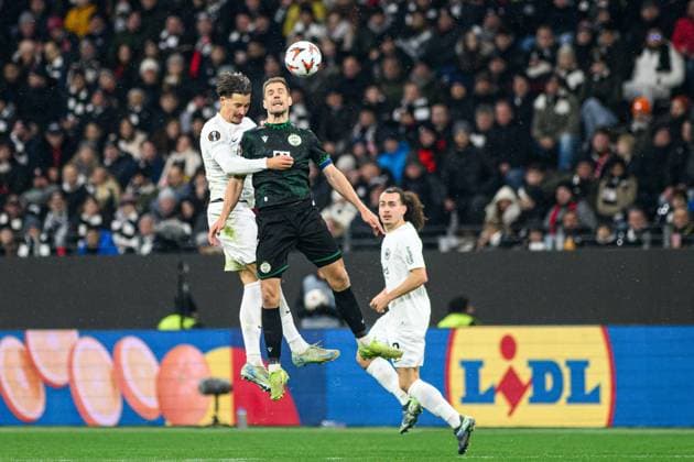 FRANKFURT, GERMANY - 23 JANUARY, 2025: Robin Koch, Barnabas Varga, Arthur Theate - The UEFA Europa League football match between SG Eintracht Frankfurt and Ferencvarosi TC at Frankfurt Stadion.  Copyright: xVitaliixKliuievx