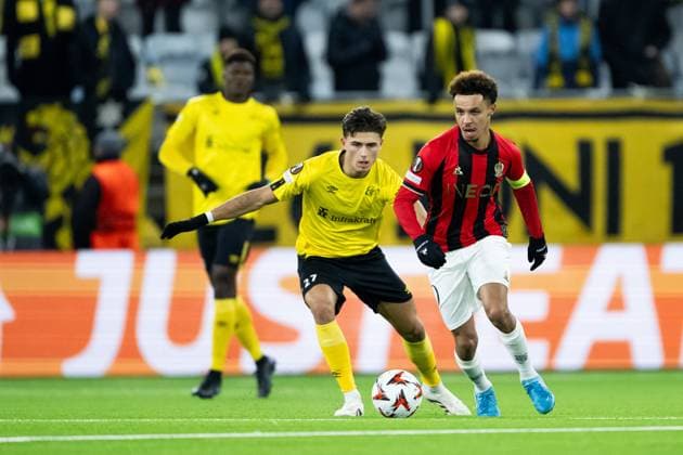 250123 Besfort Zeneli of Elfsborg and Sofiane Diop of Nice during the Europa League football match between Elfsborg and Nice on January 23, 2025 in Boras Photo Jörgen Jarnberger BILDBYRAN COP 112 JJ0433 fotboll football soccer fotball uefa europa league europa league elfsborg nice bbeng  Copyright: JÖRGENxJARNBERGER BB250123JJ110