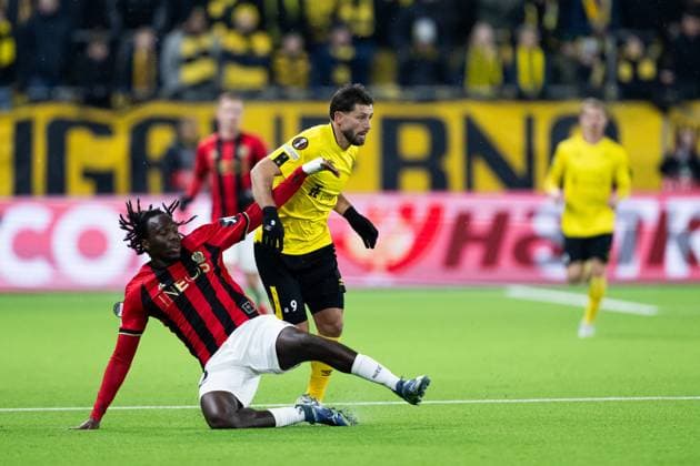 250123 Yael Nandjou of Nice and Arber Zeneli of Elfsborg during the Europa League football match between Elfsborg and Nice on January 23, 2025 in Boras Photo Jörgen Jarnberger BILDBYRAN COP 112 JJ0433 fotboll football soccer fotball uefa europa league europa league elfsborg nice bbeng  Copyright: JÖRGENxJARNBERGER BB250123JJ121