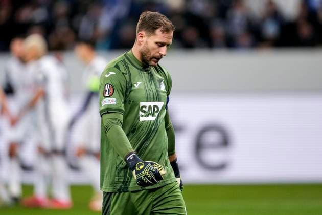 Oliver Baumann Goalkeeper, Hoffenheim, 1 , TSG 1899 Hoffenheim player, looking disappointed, disappointment, frustration, disappointed, pessimistic, after conceding the goal to 0 2, action, action, game scene, 23 01 2025, Sinsheim Germany , Soccer, UEFA Europa League, Group Stage, TSG 1899 Hoffenheim Tottenham Hotspur, DFB DFL REGULATIONS PROHIBIT ANY USE OF PHOTOGRAPHS AS IMAGE SEQUENCES AND OR QUASI VIDEO xozx