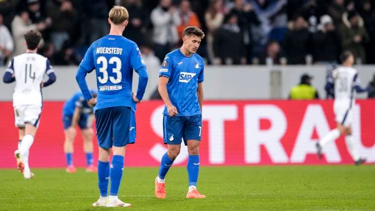 from left Max Moerstedt Hoffenheim, 33 , Tom Bischof Hoffenheim, 7 , TSG 1899 Hoffenheim player, looking disappointed, disappointment, frustration, disappointed, pessimistic, after conceding the 1-3 goal, action, action, Match scene, 23 01 2025, Sinsheim Germany , Football, UEFA Europa League, Group stage, TSG 1899 Hoffenheim Tottenham Hotspur, DFB DFL REGULATIONS PROHIBIT ANY USE OF PHOTOGRAPHS AS IMAGE SEQUENCES AND OR QUASI VIDEO xozx
