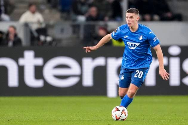 Finn Ole Becker Hoffenheim, 20 , on the ball, cropped, full body, single image, single photo, action, action, 23 01 2025, Sinsheim Germany , football, UEFA Europa League, group stage, TSG 1899 Hoffenheim Tottenham Hotspur, DFB DFL REGULATIONS PROHIBIT ANY USE OF PHOTOGRAPHS AS IMAGE SEQUENCES AND OR QUASI VIDEO xozx