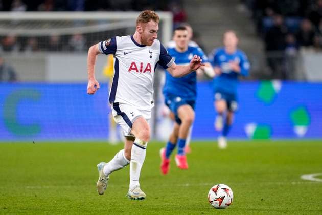 Dejan Kulusevski Tottenham, 21 , on the ball, cropped, full body, single image, single photo, action, action, 23 01 2025, Sinsheim Germany , Football, UEFA Europa League, group stage, TSG 1899 Hoffenheim Tottenham Hotspur, DFB DFL REGULATIONS PROHIBIT ANY USE OF PHOTOGRAPHS AS IMAGE SEQUENCES AND OR QUASI VIDEO xozx