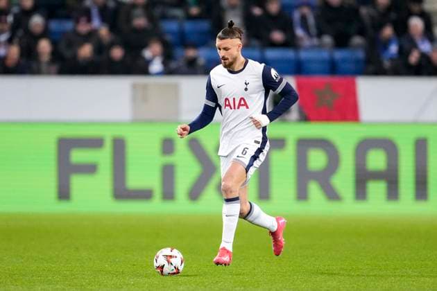 Radu Dragusin Tottenham, 6 , on the ball, cropped, full body, single image, single photo, action, action, 23 01 2025, Sinsheim Germany , football, UEFA Europa League, group stage, TSG 1899 Hoffenheim Tottenham Hotspur, DFB DFL REGULATIONS PROHIBIT ANY USE OF PHOTOGRAPHS AS IMAGE SEQUENCES AND OR QUASI VIDEO xozx