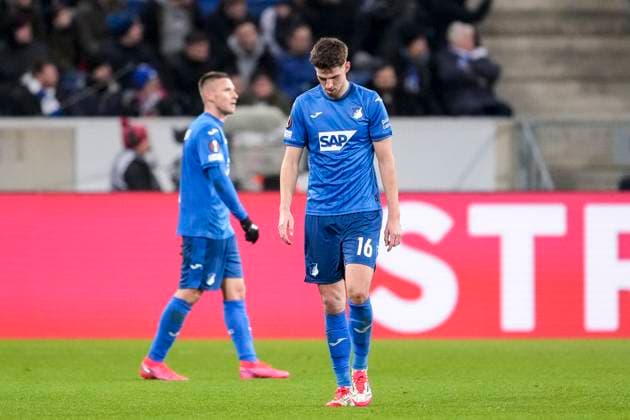 from left Pavel Kaderabek Hoffenheim, 3 , Anton Stach Hoffenheim, 16 , TSG 1899 Hoffenheim player, looking disappointed, disappointment, frustration, disappointed, pessimistic, after conceding the 1 3 goal, action, action, Match scene, 23 01 2025, Sinsheim Germany , Football, UEFA Europa League, Group stage, TSG 1899 Hoffenheim Tottenham Hotspur, DFB DFL REGULATIONS PROHIBIT ANY USE OF PHOTOGRAPHS AS IMAGE SEQUENCES AND OR QUASI VIDEO xozx