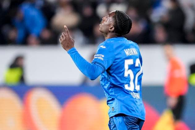 Goalscorer David Mokwa Hoffenheim, 52 , player of TSG 1899 Hoffenheim, cheers about the goal to 2 3, cheer, cheer, goal celebration, celebrate the goal, goal, celebration, cheers about the goal, rejoicing, joy, rejoices, optimistic, positive, game scene, highlight, single image, single photo, action, action, 23 01 2025, Sinsheim Germany , football, UEFA Europa League, group stage, TSG 1899 Hoffenheim Tottenham Hotspur, DFB DFL REGULATIONS PROHIBIT ANY USE OF PHOTOGRAPHS AS IMAGE SEQUENCES AND OR QUASI VIDEO xozx