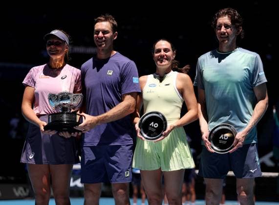 Olivia Gadecki and John Peers of Australia celebrate with the mixed doubles trophy with Kimberly Birrell and JP Smith of Australia Australian Open, Day Thirteen, Tennis, Melbourne Park, Melbourne, Australia - 24 Jan 2025  Copyright: xEllaxLing Shutterstockx 15108785d