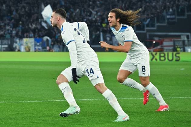 SS Lazio Vs Real Sociedad in Rome, Italy - 23 Jan 2025 Mario Gila (L) and Mattéo Guendouzi (R) of SS Lazio celebrate a goal during the Europa League qualifying round - 7th leg match between SS Lazio and Real Sociedad at Olympic stadium. Final score; Lazio 3 :1 Real Sociedad Rome Italy Copyright: xMattiaxVianx xSOPAxImagesx MVian_7849