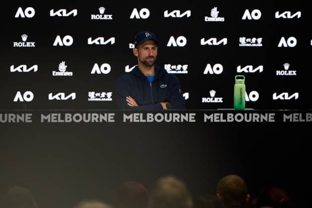 Novak Djokovic in his press conference, PK, Pressekonferenz after retiring hurt from his semi-final Australian Open, Day Thirteen, Tennis, Melbourne Park, Melbourne, Australia - 24 Jan 2025  Copyright: xRachelxBach Shutterstockx 15108800ac
