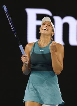 Tennis: Australian Open Madison Keys of the United States reacts after beating Iga Swiatek of Poland in the women s singles semifinals at the Australian Open tennis tournament in Melbourne on Jan. 23, 2025.  A14AA0004033232P