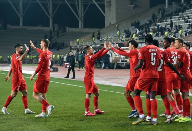 (250124) -- BAKU, Jan. 24, 2025 -- Players of FCSB celebrate during a UEFA Europa League match between Qarabag and FCSB in Baku, Azerbaijan, Jan. 23, 2025. (Photo by v Xinhua) (SP)AZERBAIJAN-BAKU-FOOTBALL-UEFA EUROPA LEAGUE-QARABAG VS FCSB TofikxBabaye 