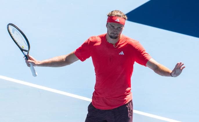 (250124) -- MELBOURNE, Jan. 24, 2025 -- Alexander Zverev reacts during the men s singles semifinals between Novak Djokovic of Serbia and Alexander Zverev of Germany at Australian Open tennis tournament in Melbourne, Australia, Jan. 24, 2025. (Photo by Xinhua) (SP)AUSTRALIA-MELBOURNE-TENNIS-AUSTRALIAN OPEN-MEN S SINGLES-SEMIFINALS HuxJingchen 