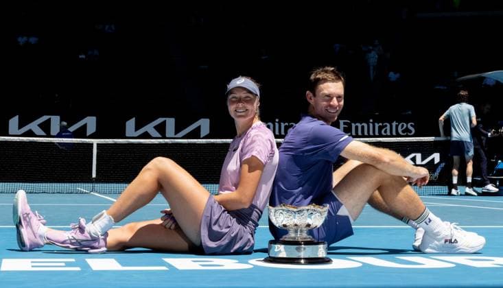 (250124) -- MELBOURNE, Jan. 24, 2025 -- Olivia Gadecki (L) John Peers pose for photos with the trophy after the mixed doubles final between Olivia Gadecki John Peers of Australia and their compatriots Kimberly Birrell John-Patrick Smith at Australian Open tennis tournament in Melbourne, Australia, Jan. 24, 2025. (Photo by Xinhua) (SP)AUSTRALIA-MELBOURNE-TENNIS-AUSTRALIAN OPEN-MIXED DOUBLES-FINALS HuxJingchen 