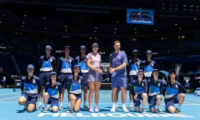 (250124) -- MELBOURNE, Jan. 24, 2025 -- Olivia Gadecki (4th L, front) John Peers (4th R, front) pose for photos with the trophy after the mixed doubles final between Olivia Gadecki John Peers of Australia and their compatriots Kimberly Birrell John-Patrick Smith at Australian Open tennis tournament in Melbourne, Australia, Jan. 24, 2025. (Photo by Xinhua) (SP)AUSTRALIA-MELBOURNE-TENNIS-AUSTRALIAN OPEN-MIXED DOUBLES-FINALS HuxJingchen 