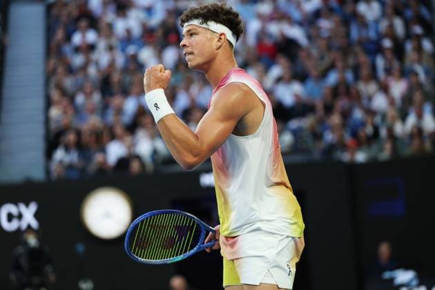 Ben Shelton celebrates during the Semi-final match against Sinner in the Rod Laver Arena Australian Open, Day Thirteen, Tennis, Melbourne Park, Melbourne, Australia - 24 Jan 2025  Copyright: xEllaxLing Shutterstockx 15108785by