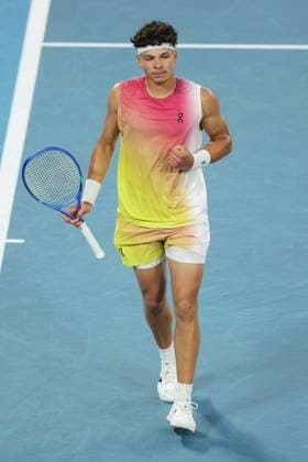 Ben Shelton celebrates during the Semi-final match against Sinner in the Rod Laver Arena Australian Open, Day Thirteen, Tennis, Melbourne Park, Melbourne, Australia - 24 Jan 2025  Copyright: xRachelxBach Shutterstockx 15108800by