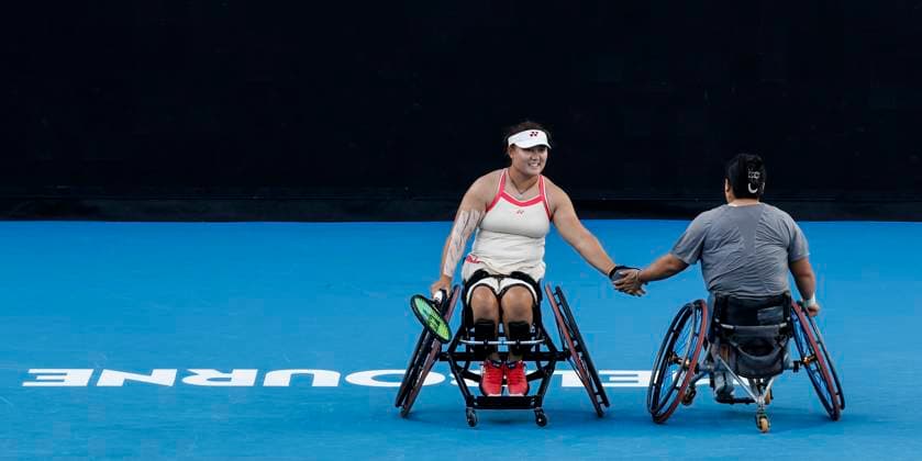 (250124) -- MELBOURNE, Jan. 24, 2025 -- Wang Ziying Li Xiaohui (L) react during the women s wheelchair doubles final between Wang Ziying Li Xiaohui of China and Zhu Zhenzhen (China) Tanaka Manami (Japan) at Australian Open tennis tournament in Melbourne, Australia, Jan. 24, 2025. ) (SP)AUSTRALIA-MELBOURNE-TENNIS-AUSTRALIAN OPEN-WOMEN S WHEELCHAIR DOUBLES-FINAL MaxPing 