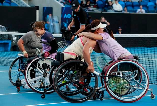 (250124) -- MELBOURNE, Jan. 24, 2025 -- Wang Ziying (1st L) Li Xiaohui (2nd R) and Zhu Zhenzhen (1st R) Tanaka Manami react after the women s wheelchair doubles final between Wang Ziying Li Xiaohui of China and Zhu Zhenzhen (China) Tanaka Manami (Japan) at Australian Open tennis tournament in Melbourne, Australia, Jan. 24, 2025. ) (SP)AUSTRALIA-MELBOURNE-TENNIS-AUSTRALIAN OPEN-WOMEN S WHEELCHAIR DOUBLES-FINAL MaxPing 