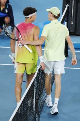 Jannik Sinner meets Ben Shelton at the net after winning the Semi-final match in the Rod Laver Arena Australian Open, Day Thirteen, Tennis, Melbourne Park, Melbourne, Australia - 24 Jan 2025  Copyright: xRachelxBach Shutterstockx 15108800ev