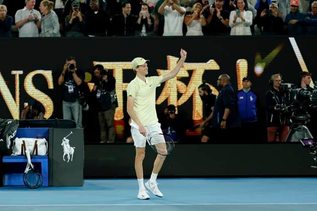 (250124) -- MELBOURNE, Jan. 24, 2025 -- Jannik Sinner celebrates winning the men s singles semifinal between Jannik Sinner of Italy and Ben Shelton of the United States at Australian Open tennis tournament in Melbourne, Australia, Jan. 24, 2025. (Photo by Xinhua) (SP)AUSTRALIA-MELBOURNE-TENNIS-AUSTRALIAN OPEN-MEN S SINGLES-SEMIFINALS ChuxChen 