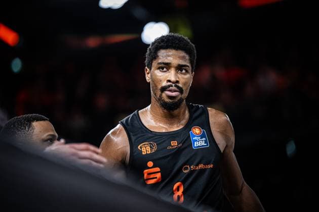 1 Basketball Bundesliga, easyCredit BBL, Season 2024 2025, Men, Main Round, Matchday 18, 24 01 2025, RASTA Vechta Niners Chemnitz William Christmas 8 Niners Chemnitz during the game Vechta RASTA Dome Lower Saxony Germany