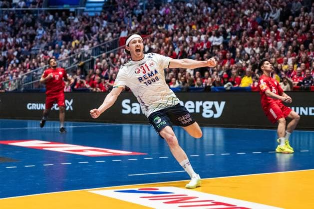 250124 Kasper Thorsen Lien of Norway celebrates during the 2025 IHF World Men s Handball Championship main round match between Chile and Norway on January 24, 2025 in Oslo Photo Vegard Grott BILDBYRAN kod VG VG0709 bbeng handball handboll handball ihf 2025 world mens handball championship handball vm handbolls vm vm chile norway jubel  Copyright: VEGARDxGRoTT BB250124VG127