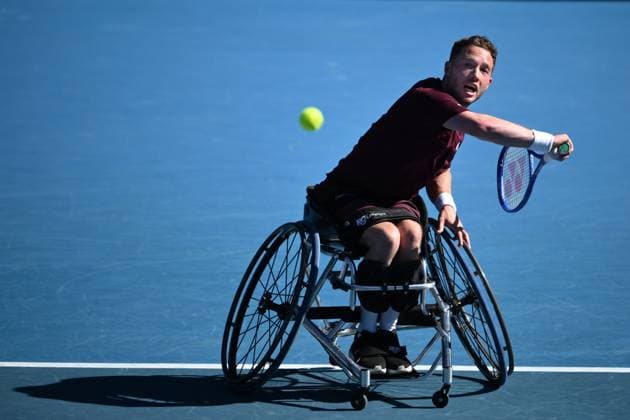 TENNIS AUSTRALIAN OPEN, Alfie Hewett of the United Kingdom returns during his Men?s Wheelchair Singles final against Tokito Oda of Japan during the 2025 Australian Open at Melbourne Park in Melbourne, Saturday, January 25, 2025. ( NO ARCHIVING, EDITORIAL USE ONLY, NO USE IN BOOKS WITHOUT CONSENT MELBOURNE VICTORIA AUSTRALIA  Copyright: xJOELxCARRETTx 20250125115528785405