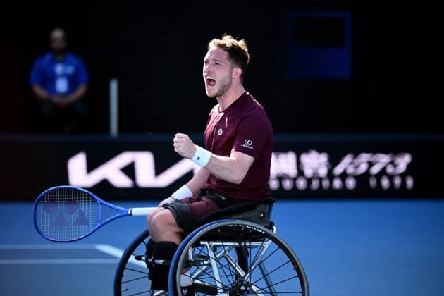 TENNIS AUSTRALIAN OPEN, Alfie Hewett of the United Kingdom reacts during his Men?s Wheelchair Singles final against Tokito Oda of Japan during the 2025 Australian Open at Melbourne Park in Melbourne, Saturday, January 25, 2025. ( NO ARCHIVING, EDITORIAL USE ONLY, NO USE IN BOOKS WITHOUT CONSENT MELBOURNE VICTORIA AUSTRALIA  Copyright: xJOELxCARRETTx 20250125146470803669