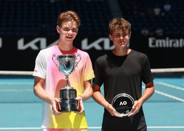 L R Winner Henry Bernet SUI and finalist Benjamin Willwerth USA , Australian Open 2025, Melbourne Park, Melbourne, Victoria, Australia Copyright: xJuergenxHasenkopfx