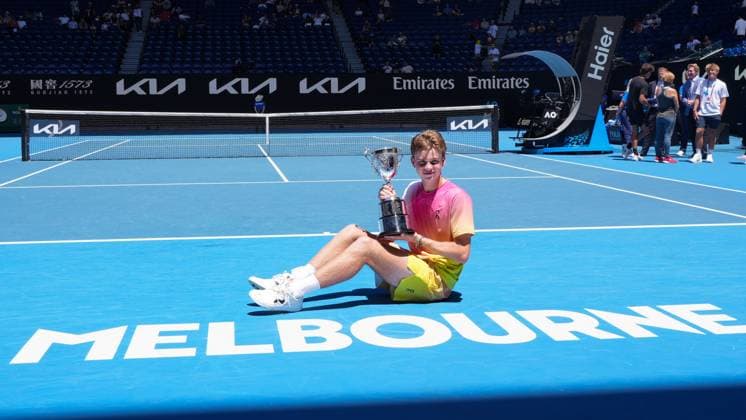 Henry Bernet SUI with cup, trophy, award ceremony, presentation, Australian Open 2025, Melbourne Park, Melbourne, Victoria, Australia Copyright: xJuergenxHasenkopfx