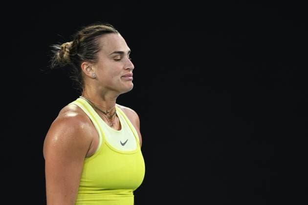 TENNIS AUSTRALIAN OPEN, Aryna Sabalenka of Belarus reacts during her Women?s final against Madison Keys of the USA during the 2025 Australian Open at Melbourne Park in Melbourne, Saturday, January 25, 2025. ( NO ARCHIVING, EDITORIAL USE ONLY, NO USE IN BOOKS WITHOUT CONSENT MELBOURNE VICTORIA AUSTRALIA  Copyright: xJOELxCARRETTx 20250125127570242087