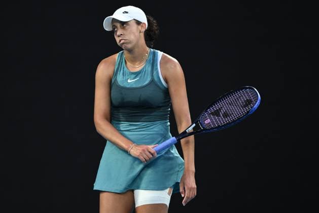TENNIS AUSTRALIAN OPEN, Madison Keys of the USA reacts during her Women?s final against Aryna Sabalenka of Belarus during the 2025 Australian Open at Melbourne Park in Melbourne, Saturday, January 25, 2025. ( NO ARCHIVING, EDITORIAL USE ONLY, NO USE IN BOOKS WITHOUT CONSENT MELBOURNE VICTORIA AUSTRALIA  Copyright: xJOELxCARRETTx 20250125152014145548