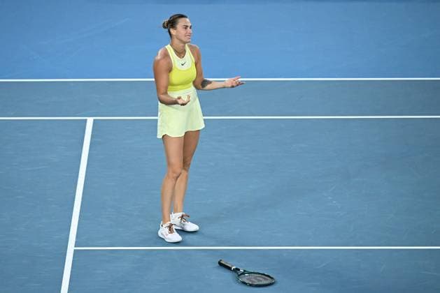 TENNIS AUSTRALIAN OPEN, Aryna Sabalenka of Belarus reacts during the Women?s final against Madison Keys of the USA during the 2025 Australian Open at Melbourne Park in Melbourne, Saturday, January 25, 2025. ( NO ARCHIVING, EDITORIAL USE ONLY, NO USE IN BOOKS WITHOUT CONSENT MELBOURNE VICTORIA AUSTRALIA  Copyright: xJAMESxROSSx 20250125111323119689
