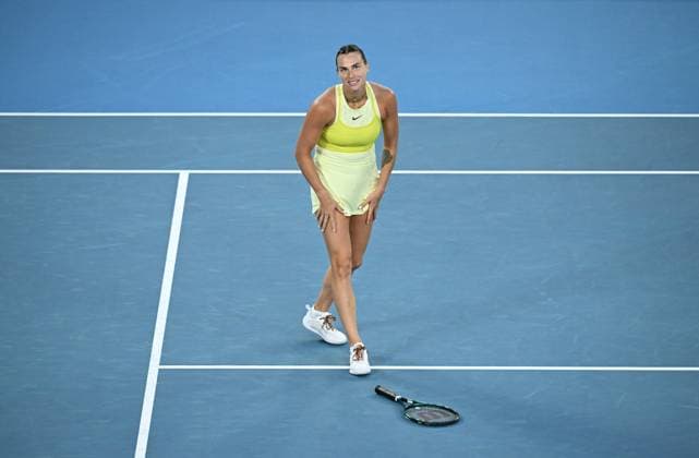 TENNIS AUSTRALIAN OPEN, Aryna Sabalenka of Belarus reacts during the Women?s final against Madison Keys of the USA during the 2025 Australian Open at Melbourne Park in Melbourne, Saturday, January 25, 2025. ( NO ARCHIVING, EDITORIAL USE ONLY, NO USE IN BOOKS WITHOUT CONSENT MELBOURNE VICTORIA AUSTRALIA  Copyright: xJAMESxROSSx 20250125145793911554