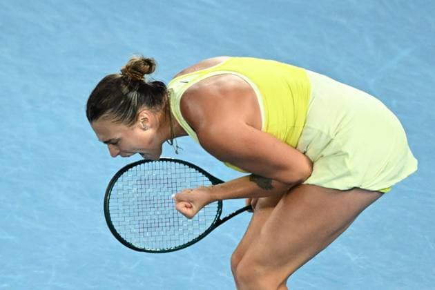 TENNIS AUSTRALIAN OPEN, Aryna Sabalenka of Belarus reacts during the Women?s final against Madison Keys of the USA during the 2025 Australian Open at Melbourne Park in Melbourne, Saturday, January 25, 2025. ( NO ARCHIVING, EDITORIAL USE ONLY, NO USE IN BOOKS WITHOUT CONSENT MELBOURNE VICTORIA AUSTRALIA  Copyright: xJAMESxROSSx 20250125110205068447