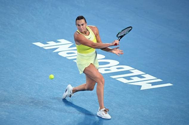 TENNIS AUSTRALIAN OPEN, Aryna Sabalenka of Belarus in action during the Women?s final against Madison Keys of the USA during the 2025 Australian Open at Melbourne Park in Melbourne, Saturday, January 25, 2025. ( NO ARCHIVING, EDITORIAL USE ONLY, NO USE IN BOOKS WITHOUT CONSENT MELBOURNE VICTORIA AUSTRALIA  Copyright: xJAMESxROSSx 20250125154187506066