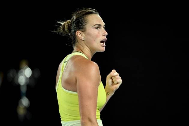 TENNIS AUSTRALIAN OPEN, Aryna Sabalenka of Belarus reacts during her Women?s final against Madison Keys of the USA during the 2025 Australian Open at Melbourne Park in Melbourne, Saturday, January 25, 2025. ( NO ARCHIVING, EDITORIAL USE ONLY, NO USE IN BOOKS WITHOUT CONSENT MELBOURNE VICTORIA AUSTRALIA  Copyright: xJOELxCARRETTx 20250125173568760493
