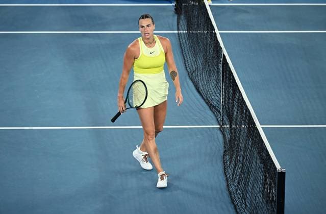 TENNIS AUSTRALIAN OPEN, Aryna Sabalenka of Belarus reacts during the Women?s final against Madison Keys of the USA during the 2025 Australian Open at Melbourne Park in Melbourne, Saturday, January 25, 2025. ( NO ARCHIVING, EDITORIAL USE ONLY, NO USE IN BOOKS WITHOUT CONSENT MELBOURNE VICTORIA AUSTRALIA  Copyright: xJAMESxROSSx 20250125151012064940