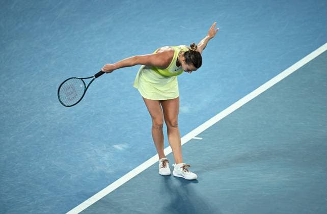 TENNIS AUSTRALIAN OPEN, Aryna Sabalenka of Belarus reacts during the Women?s final against Madison Keys of the USA during the 2025 Australian Open at Melbourne Park in Melbourne, Saturday, January 25, 2025. ( NO ARCHIVING, EDITORIAL USE ONLY, NO USE IN BOOKS WITHOUT CONSENT MELBOURNE VICTORIA AUSTRALIA  Copyright: xJAMESxROSSx 20250125143194861174