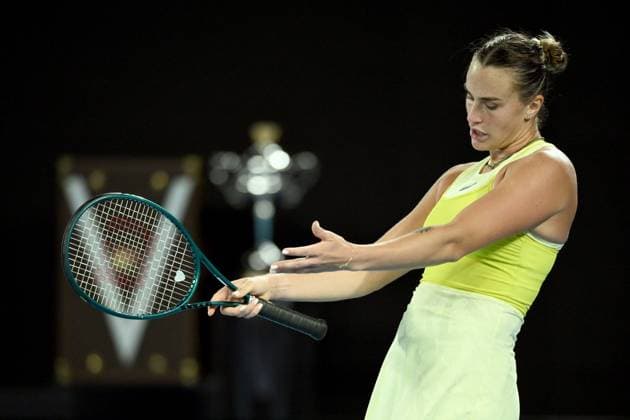 TENNIS AUSTRALIAN OPEN, Aryna Sabalenka of Belarus reacts during her Women?s final against Madison Keys of the USA during the 2025 Australian Open at Melbourne Park in Melbourne, Saturday, January 25, 2025. ( NO ARCHIVING, EDITORIAL USE ONLY, NO USE IN BOOKS WITHOUT CONSENT MELBOURNE VICTORIA AUSTRALIA  Copyright: xJOELxCARRETTx 20250125192254301400